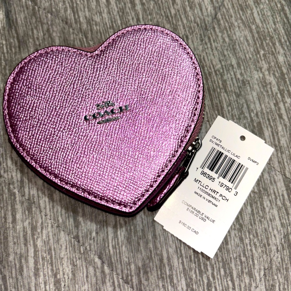 COACH Metallic Lilac Heart Coin Pouch
